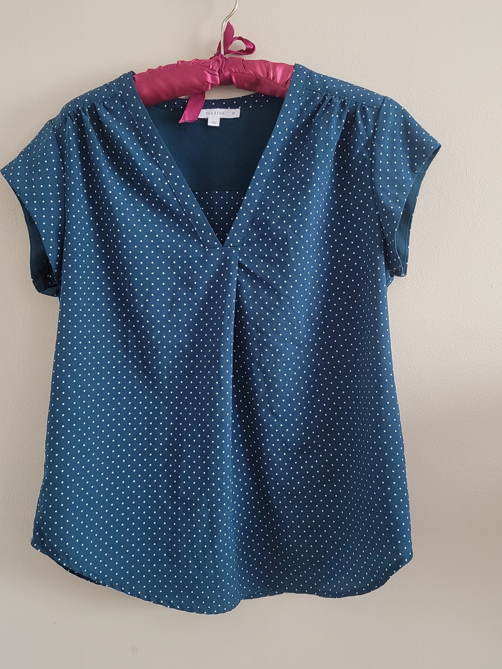 fun 2 fun Teal Blue Green Polka Dot V-Neck Cap Sleeve Blouse